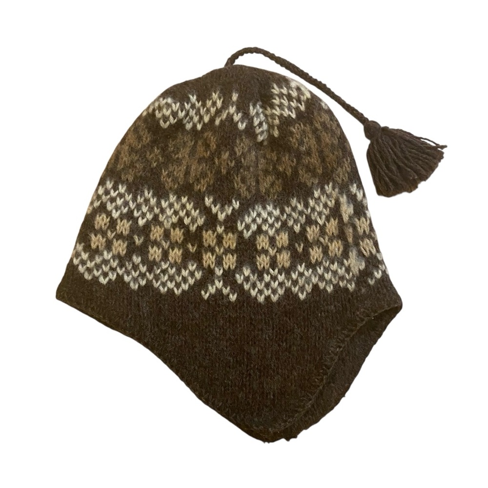 Vintage Wool Fair Isle Beanie Hat With Ear Flaps And Tassel OS